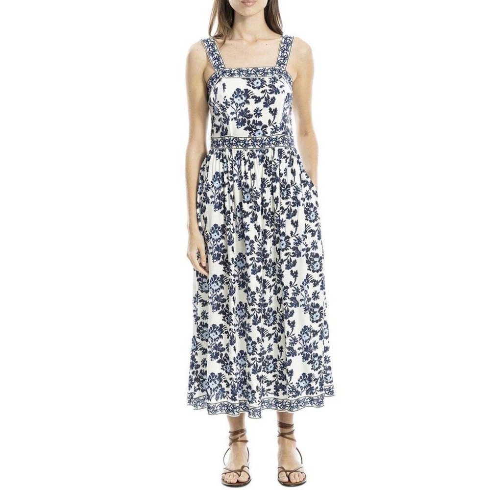 Max Studio London Floral Midi Dress Blue White Smocked Back Adjustable Straps S